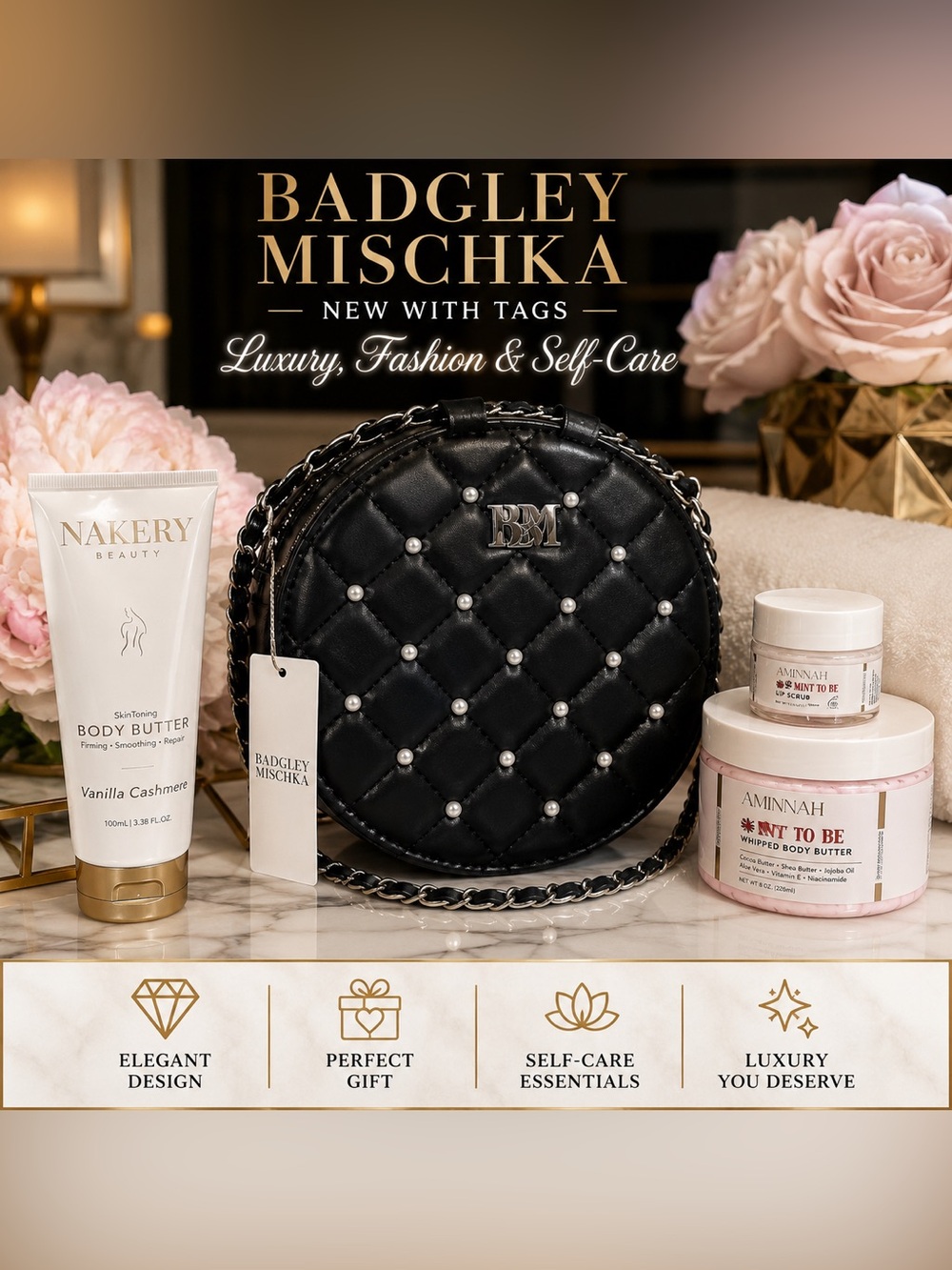 ✨ NWT Badgley Mischka Pearl Round Crossbody Bag + Luxury Body Care Gift Bundle